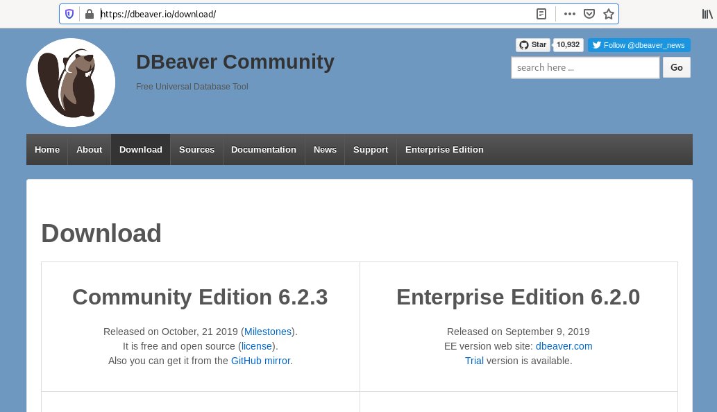 Página de downloads do DBeaver CE
